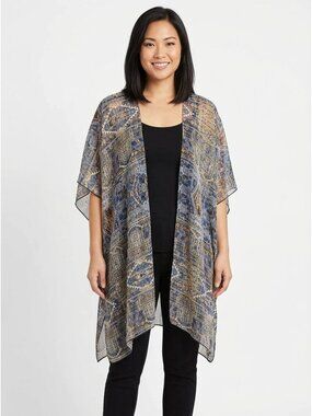 Xhilaration Women's Bue Artsy Boho Kimono Cardigan Silky Beach Cover Size XXL